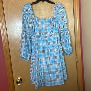 Exlura size M square neck puff sleeve short plaid blue dress